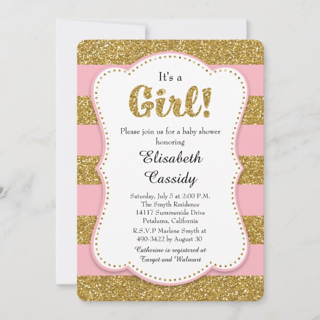 Convite para Chá, rosa e Dourada, de menina brilha (Frente)