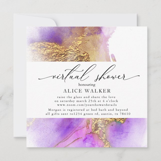 Convite para chá virtual de cores aquáticas e ouro (Frente)