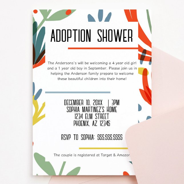 Convite para Chás de Adoção de Botânicos Brilhante (bright and colorful botanical floral adoption shower invitation green, yellow, blue, red flowers)