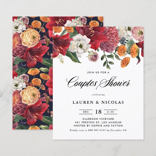 Convite para Chás de Casais de Amaryllis Botânicos (Frente/Verso)