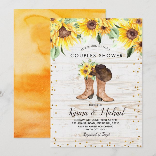 Convite para Chás de Casais de girassol russo (Frente/Verso)