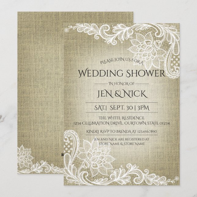 Convite para Chás de casamento Burlap e Lace (Frente/Verso)