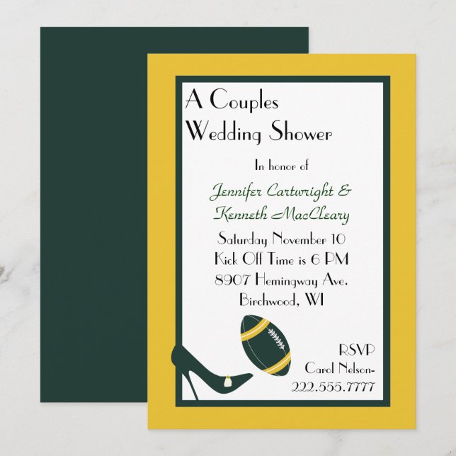 Convite para Chás de casamento de futebol verde e  (Frente/Verso)