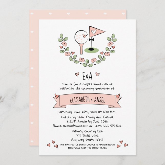 Convite para Chás de Casamento de Golfe Rosa bonit (Frente/Verso)