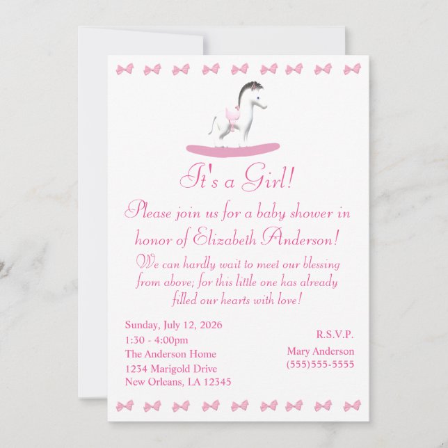 Convite para Chás de Cavalo Rochoso Cor-de-Rosa e  (Frente)