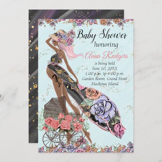 Convite para Chás de fraldas Afro-Americano (Frente/Verso)