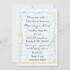 Convite para chás de fraldas. Amarelo/Azul/Castelo