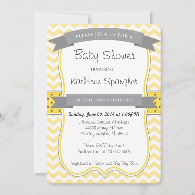 Convite para Chás de fraldas Amarelo e Cinza (Frente)