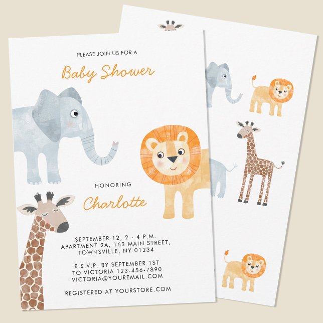 Convite para Chás de fraldas Cute Safari Animal (Safari animal watercolor personalized baby shower invitation with original art by Nic Squirrell. )