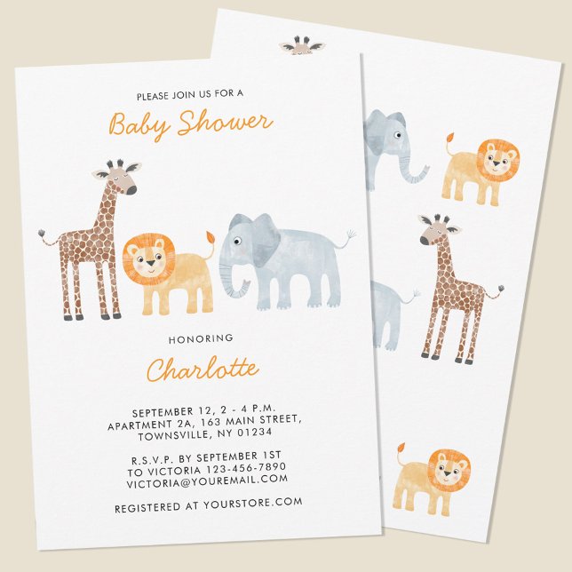 Convite para Chás de fraldas Cute Safari Animal (Cute watercolor safari animal lion elephant giraffe personalized baby shower invitation)