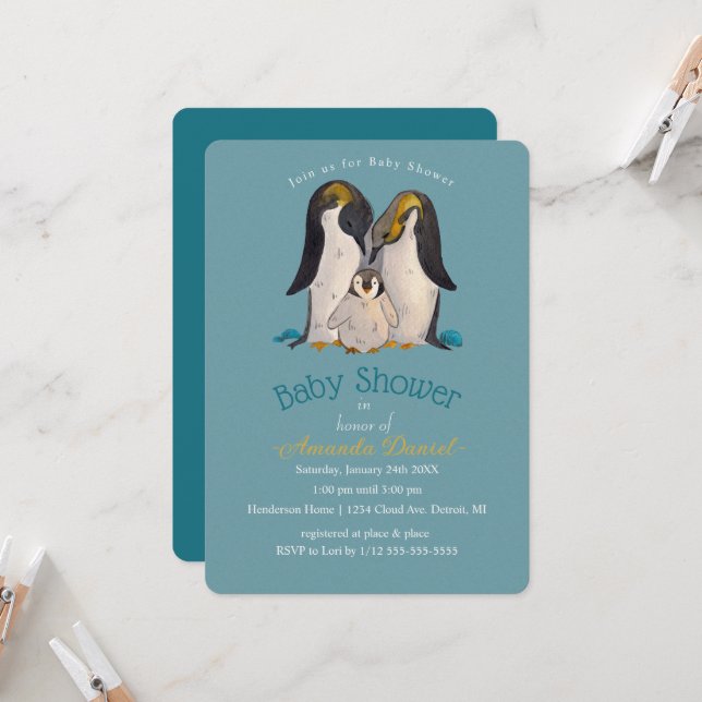 Convite para Chás de fraldas da Família de Pinguin (Frente/Verso In Situ)