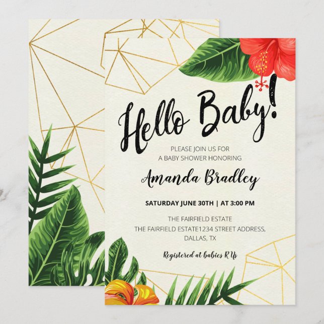 Convite para Chás de fraldas de Alô Dourado tropic (Frente/Verso)