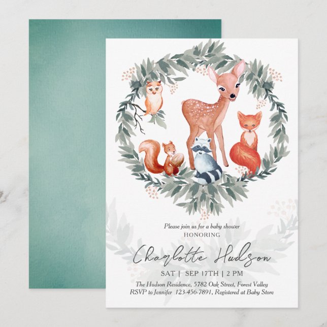 Convite Para Chás de fraldas De Animais Da Florest (Frente/Verso)