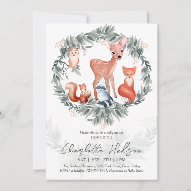 Convite Para Chás de fraldas De Animais Da Florest (Frente)