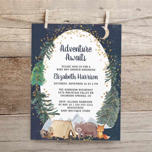 Convite para Chás de fraldas de Aventura Noturna d (Embrace your upcoming adventure with a super cute baby shower invitation at a budget price)