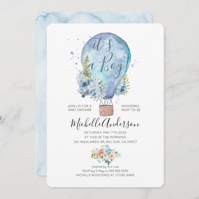 Convite para Chás de fraldas de Balões de Menino (Frente/Verso)