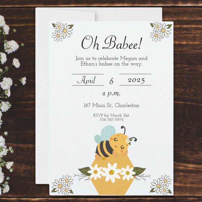 Convite para Chás de fraldas de Bebês (Cute Editable Bee Themed Baby Shower Invitation with a sweet bee and daisy design.)