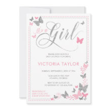 Convite para Chás de fraldas de borboletas, rosa, 