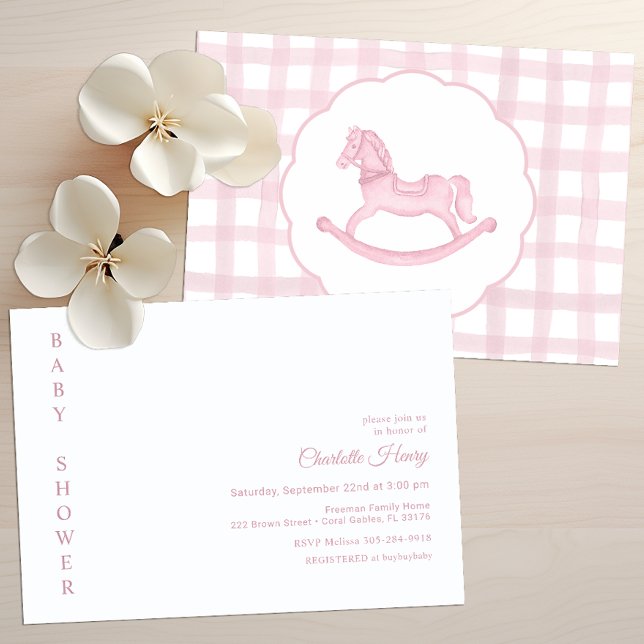 Convite para Chás de fraldas de Cavalos Rochosos,  (Pink Rocking Horse Baby Shower Invitation)
