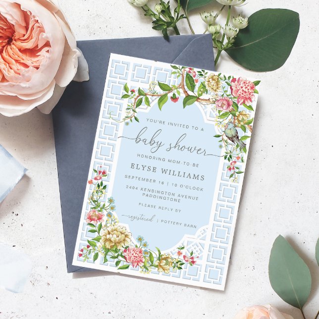 Convite para Chás de fraldas de Chinoiserie Azul - (Blue Boy Baby Shower Invitation Blue Chinoiserie French Floral)