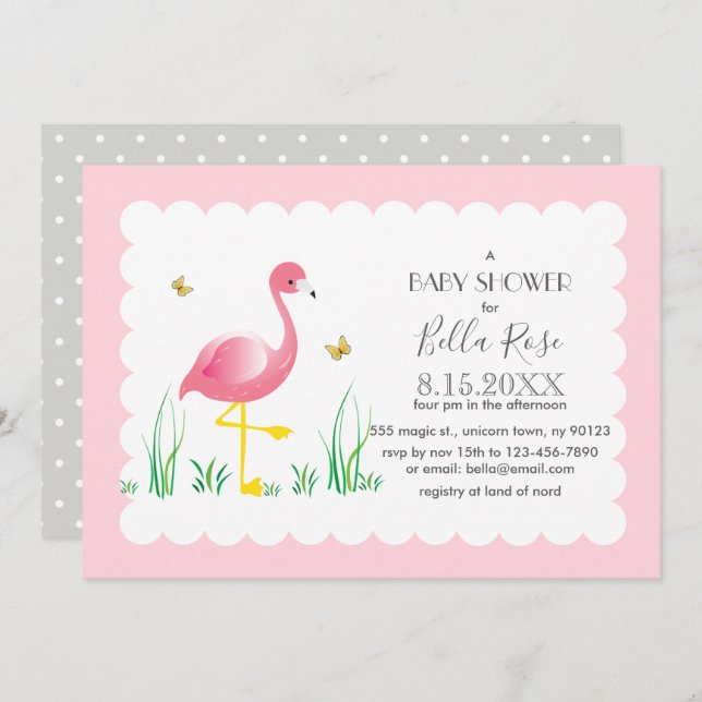 Convite para Chás de fraldas de Cinzas Flamingo (Frente/Verso)