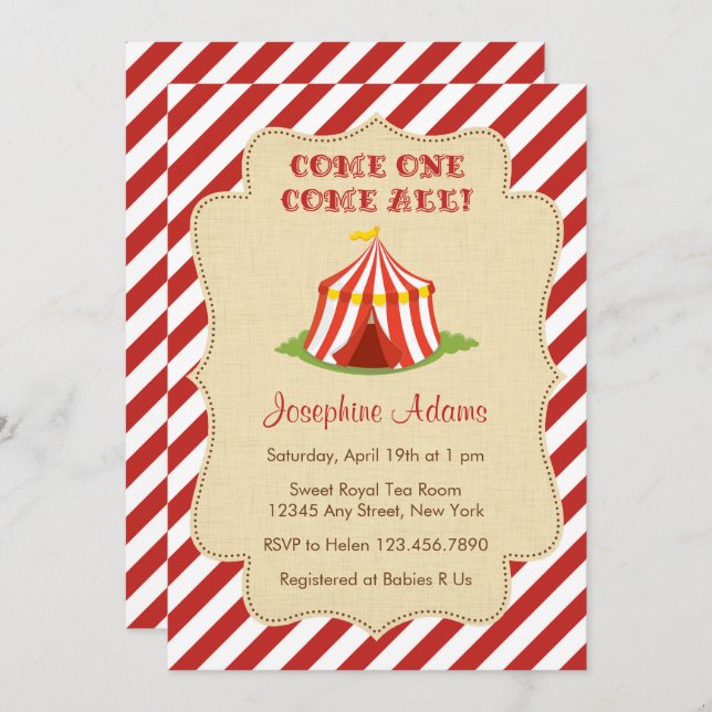 Convite para Chás de fraldas de circo (Frente/Verso)