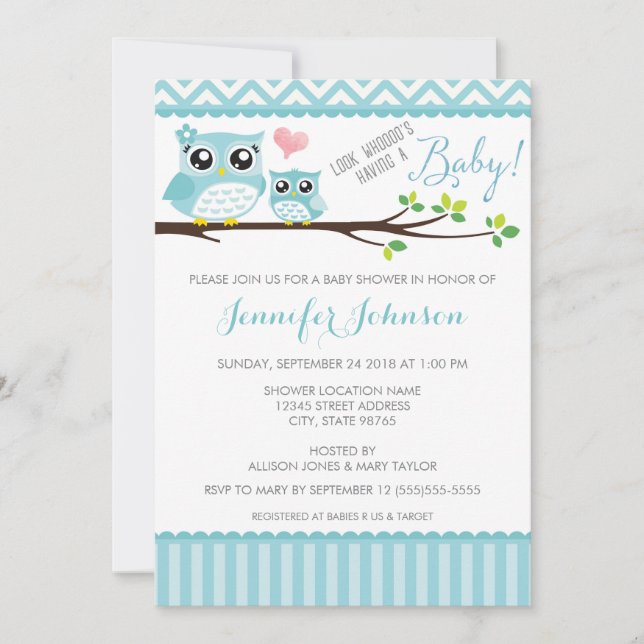 Convite para Chás de fraldas de Coruja| Blue Chevr (Frente)