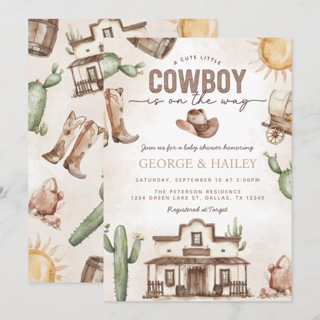 Convite para Chás de fraldas de cowboy ocidental (Frente/Verso)