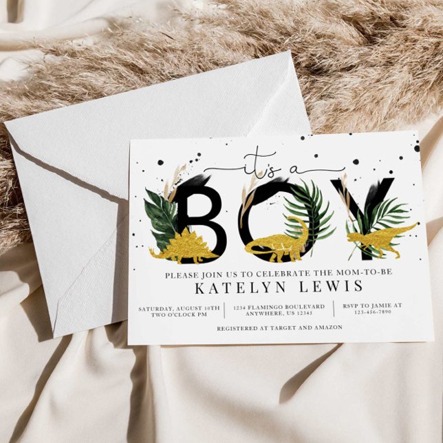 Convite para Chás de fraldas de Dinossauros Dourad (Criador carregado)