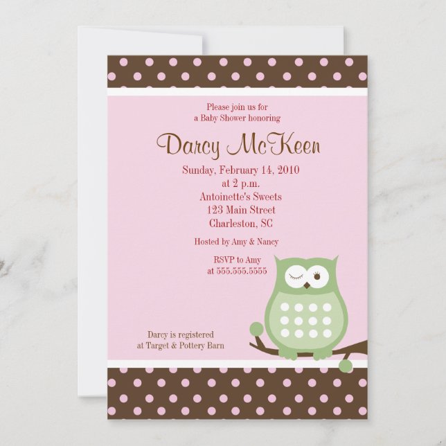 Convite para Chás de fraldas de Dot Rosa e Castanh (Frente)