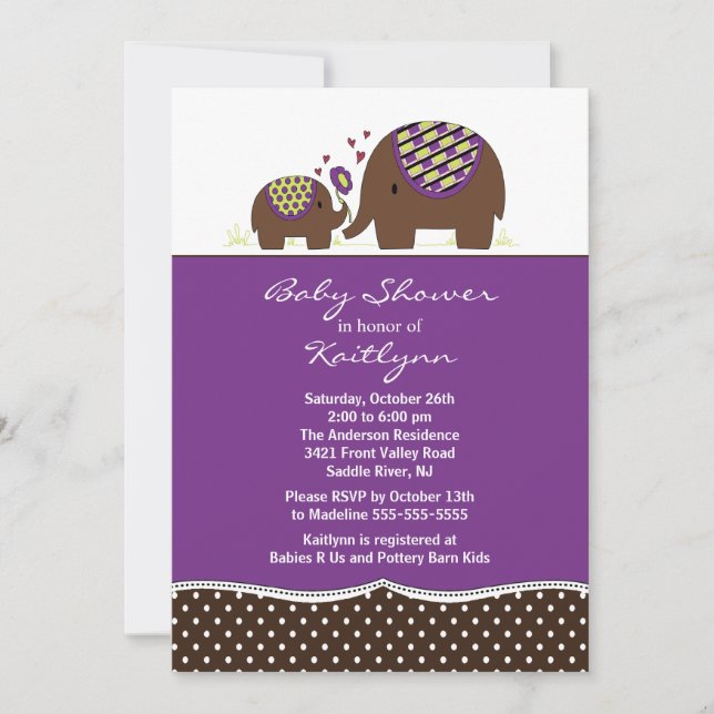 Convite para Chás de fraldas de Elefante Purple &  (Frente)