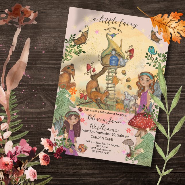 Convite para Chás de fraldas de Fada de Outono Enc (Enchanted Autumn Fairy Baby Shower Invitation 1)