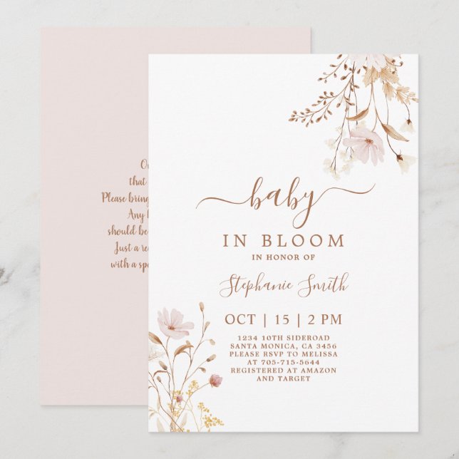 Convite para Chás de fraldas de flor selvagem (Frente/Verso)