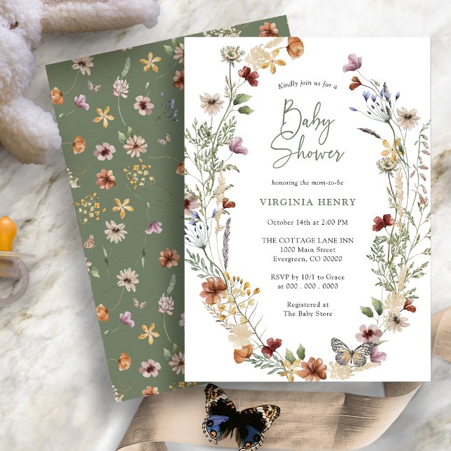 Convite para Chás de fraldas de flor selvagem Gree (Sage Green Boho Wildflower Baby Shower Invitation with Butterfly by Painted Paperie
)