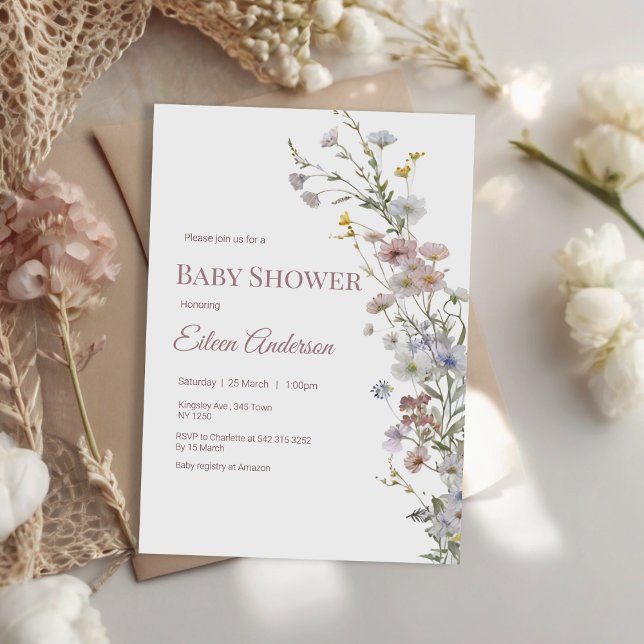 Convite para Chás de fraldas de flor selvagem lega (Elegant Wildflower Baby Shower Invitation)