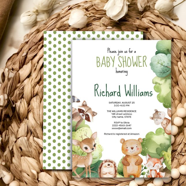 Convite para chás de fraldas de florestas verdes (Cute watercolor forest animals baby shower invitation gender neutral, woodland green, bear, deer)