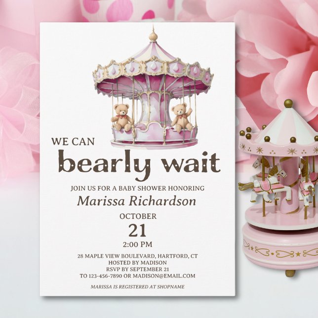 Convite para Chás de fraldas de gêmeas do Urso de  (cute pink teddy bear we can bearly wait invitation for twin girls baby shower, custom invite)