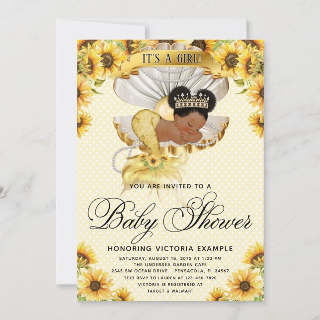 Convite para Chás de fraldas de girassol afro-merm (Frente)