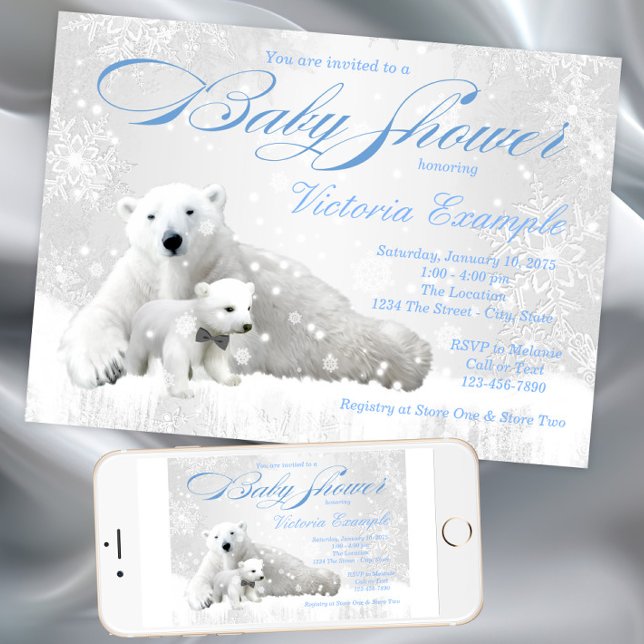Convite para Chás de fraldas de inverno do Urso Po (Cute Polar Bear Winter Baby Shower Invitation. Instant download and print invitations available.)