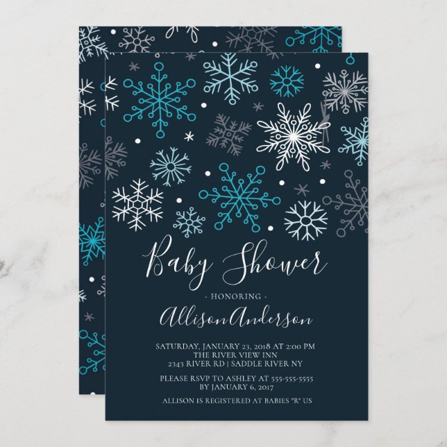 Convite para Chás de fraldas de inverno em Flocos  (Frente/Verso)