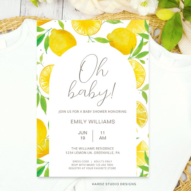 Convite para Chás de fraldas de Lemon Watercolor (This Lemon Baby Shower Invitation is shown in size 5 x 7 in. Other sizes and digital available.)