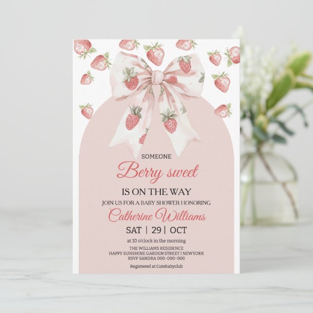 Convite para Chás de fraldas de morango | Berry Ba (Em pé/Frente)