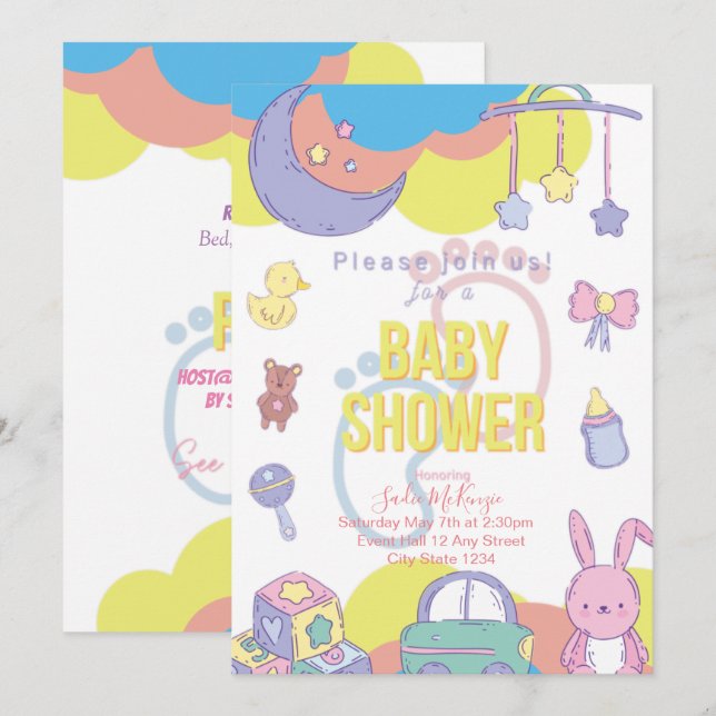 Convite para Chás de fraldas de Pastel Neutro por  (Frente/Verso)