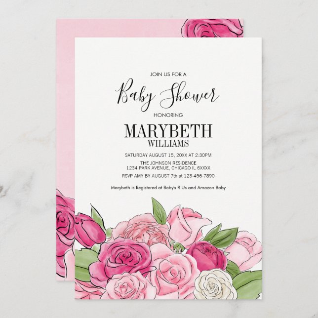 Convite para Chás de fraldas de Rosas de Aquarela  (Frente/Verso)