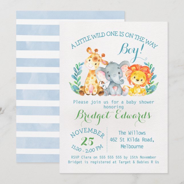 Convite para Chás de fraldas de Safari de Meninos (Frente/Verso)