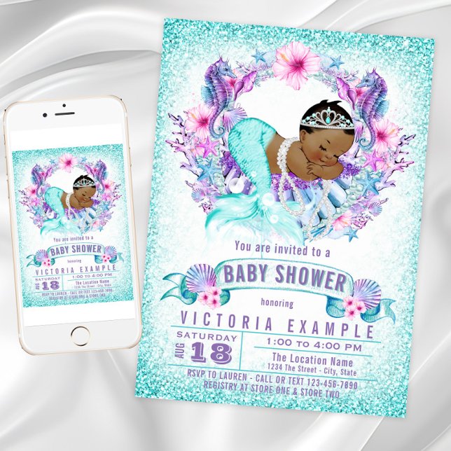 Convite para Chás de fraldas de Sereia de Teto Rox (African American mermaid baby shower invitation. Instant download and printed invitations available.)