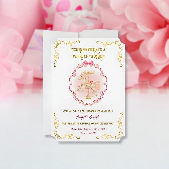 Convite para Chás de fraldas de Sonhos de Pôs Rosa (pink-pony-horse-carousel-baby-shower-invitation)