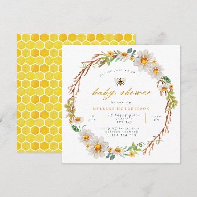 Convite para Chás de fraldas Elegant Bee Daisies (Frente/Verso)