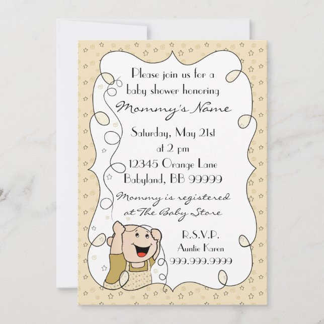 Convite para chás de fraldas. Estrelas/Bebê/Dourad (Frente)