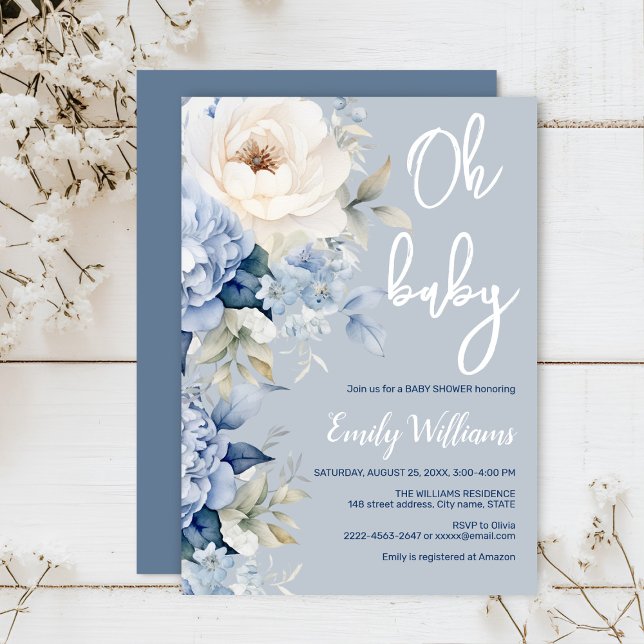 Convite para chás de fraldas florais, azuis e bran (Dusty blue watercolor flowers peonies rustic gender neutral baby shower invitation )